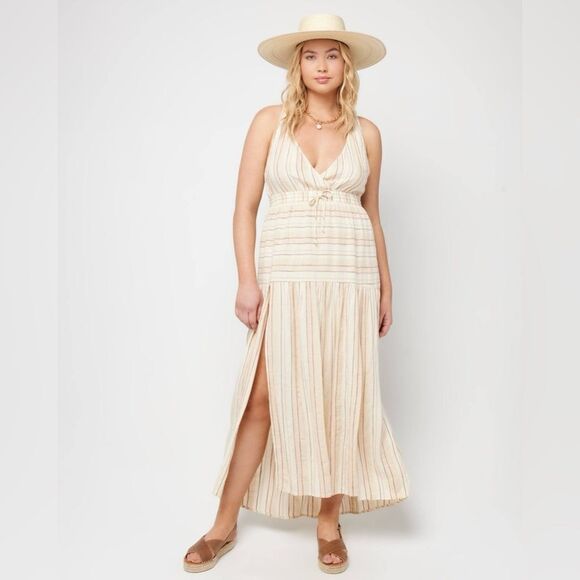 L*Space Emma Neutral Bohemian Stripe Pattern Long Dress Size Medium - Picture 1 of 9